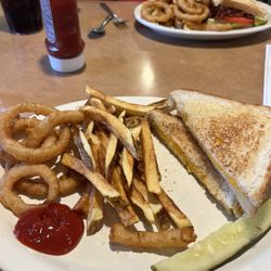 hancock family diner - Grilled cheese, fresh cut fries, onion rings. Junior club on the back plate.