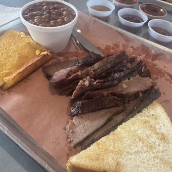 Cackle & Oink BBQ - Brisket, baked beans and corn bread casserole. - Barbeque Near Me - Sherman, Texas