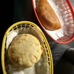 Pollo arepa and cazón empanada