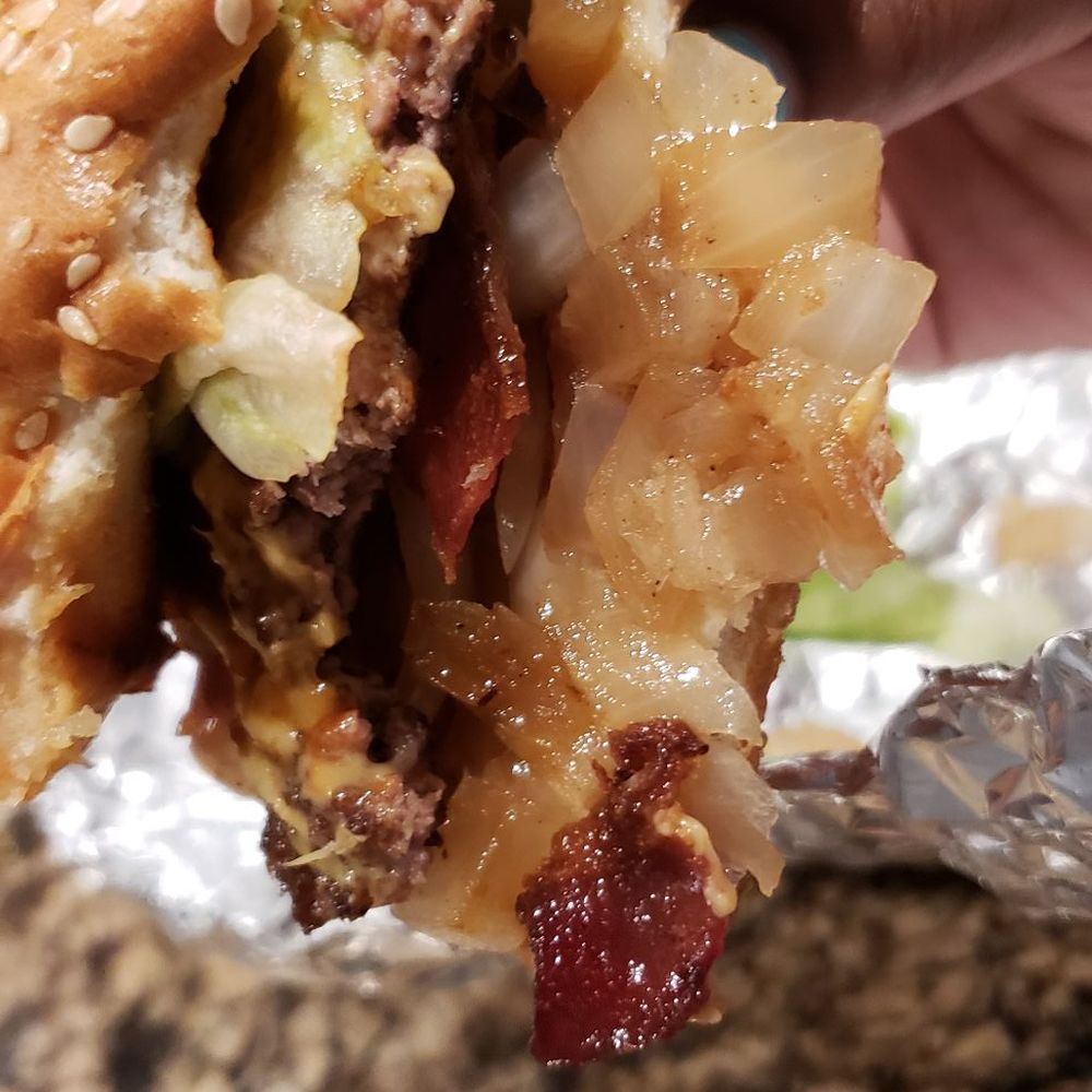 Five Guys - Was soooo hungry had to take a few bites but I got the Little Bacon Cheeseburger with lettuce, grilled onions, and BBQ sauce. Yummmmy! - Burgers Near Me - Rancho Cucamonga, California Five Guys - Was soooo hungry had to take a few bites but I got the Little Bacon Cheeseburger with lettuce, grilled onions, and BBQ sauce. Yummmmy! - Burgers Near Me - Rancho Cucamonga, California