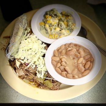 The Little One - Barbacoa plate w pinto beans & elote with chopped poblanos $17 (10/2023) - Mexican Near Me - Tucson, Arizona