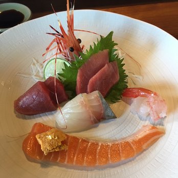 Himitsu - Sashimi: chutoro, toro, shima aji, local spot prawn, salmon belly with uni and gold foil - Sushi Bars Near Me - La Jolla, California