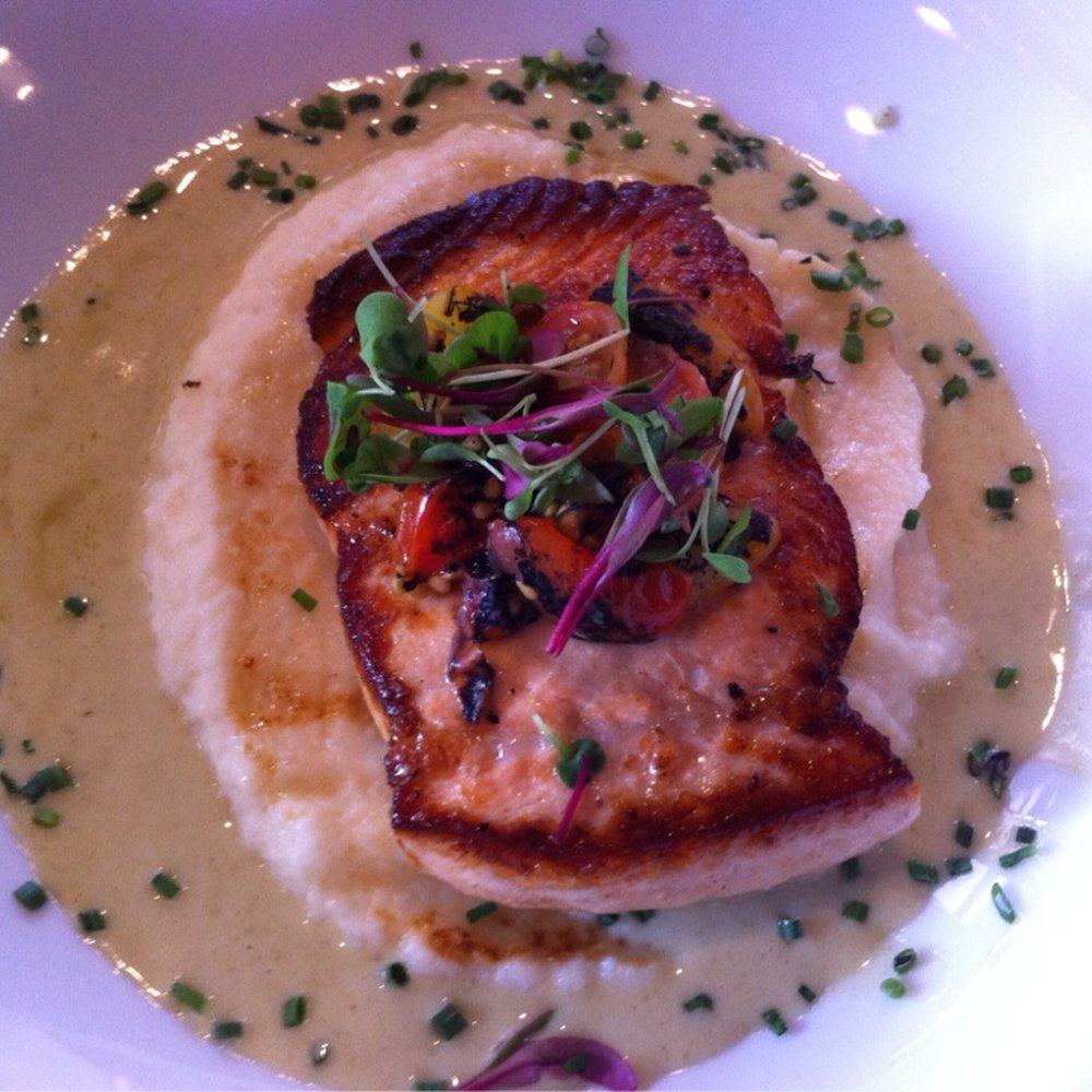 Costa Brava Bistro - Salmon on a bed of cauliflower purée - Spanish Near Me - Bellaire, Texas Costa Brava Bistro - Salmon on a bed of cauliflower purée - Spanish Near Me - Bellaire, Texas
