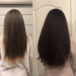 Hayley Lynne - This is what my hair looked like horrible from some one who thinks cause they speak French can do hair. Ruined on left . 1 year after Haley