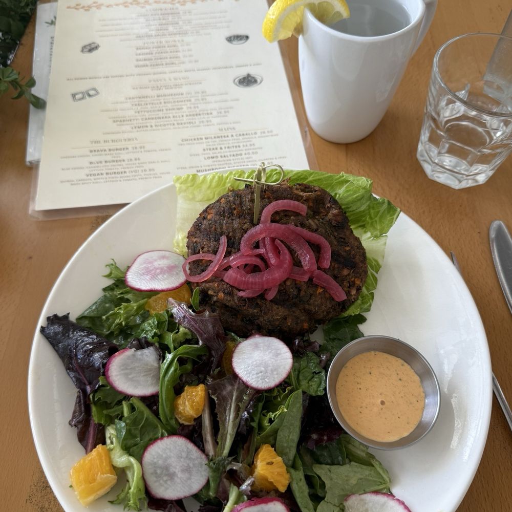 Brava Garden Eatery - Vegan Burger (no bun) subbed greens for fries - Wine Bars Near Me - Pleasanton, California Brava Garden Eatery - Vegan Burger (no bun) subbed greens for fries - Wine Bars Near Me - Pleasanton, California