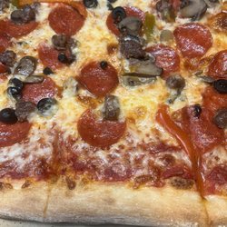 Salerno Pizzeria - Combo pizza with black olives , minus a few olives .