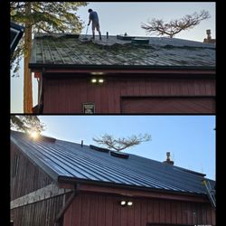 Exterior Pros - Metal roof moss, algae & debris removed. Finished with our soft wash for a nice shiny new look!