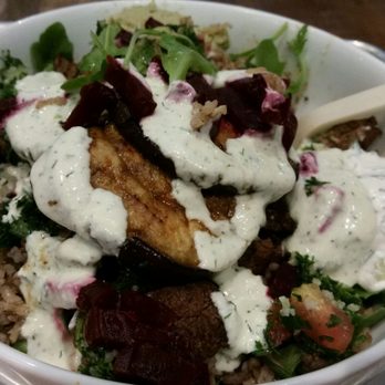 Mezeh - Grain bowl with steak, salad and eggplants. - Mediterranean Near Me - Arlington, Virginia Mezeh - Grain bowl with steak, salad and eggplants. - Mediterranean Near Me - Arlington, Virginia
