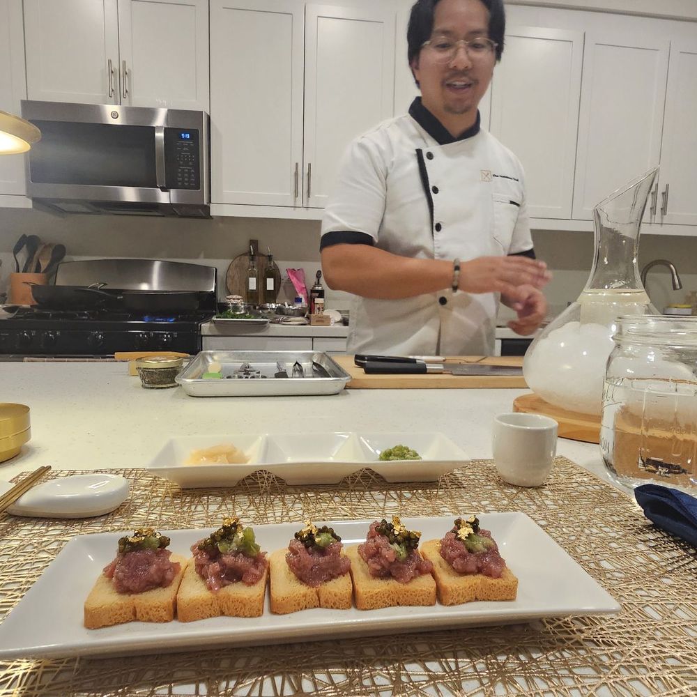 The Homakase Chef - Chef Josh explaining the toro toast with wasabi, caviar and gold flake, 10/10 - Personal Chefs Near Me
