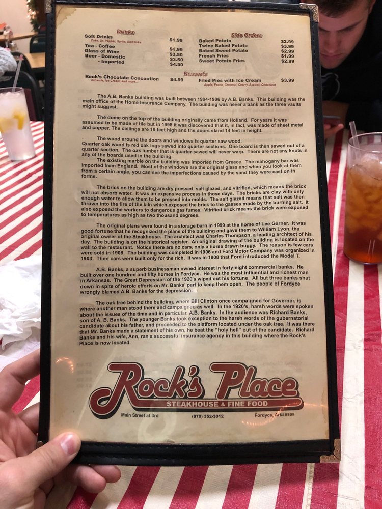 ROCK’S PLACE STEAKHOUSE & FINE FOOD Updated September 2024 302 N Main St, Fordyce, Arkansas