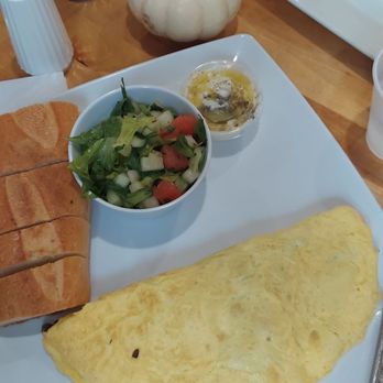 Cafe Olé - Omelet- mushroom, spinach and Muenster.  Comes with bread and salad! - Coffee & Tea Near Me - Philadelphia, Pennsylvania