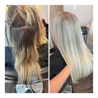 Blonde transformation - Client had 1 year of grown out blonde and we achieved an icy blonde by completing a full head of highlights.