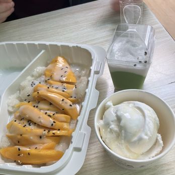 Coco Bomb - Mango Mango with Sticky Rice, coconut ice cream, Pandan Coconut Cream Pudding - Cafes Near Me - San Diego, California