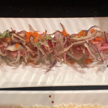 Tomoyama Sushi - Albacore Special Roll $20.95 Chopped garlic, albacore topped with fried onion, pickled onion, masago, albacore. - Sushi Bars Near Me - Carlsbad, California Tomoyama Sushi - Albacore Special Roll $20.95 Chopped garlic, albacore topped with fried onion, pickled onion, masago, albacore. - Sushi Bars Near Me - Carlsbad, California