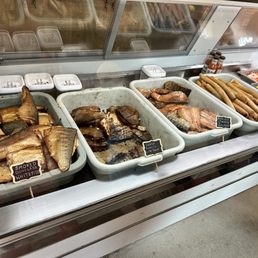 a variety of fish in a display case