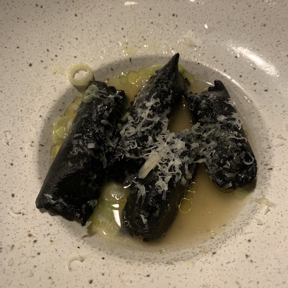 Beholder - Squid ink ravioli. Scallops and chorizo filling clashed a little bit - New American Near Me - Indianapolis, Indiana Beholder - Squid ink ravioli. Scallops and chorizo filling clashed a little bit - New American Near Me - Indianapolis, Indiana
