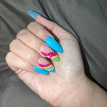 Edgy Nails & Spa - Blue almond shaped nails with designs - Nail Salons Near Me - Riverside, California Edgy Nails & Spa - Blue almond shaped nails with designs - Nail Salons Near Me - Riverside, California