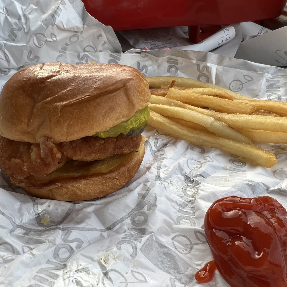 Chicken slider with no mayo and a few fries Chicken slider with no mayo and a few fries