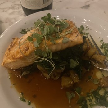 Locanda Wine Bar - Salmone Autunno served with Roasted potatoes, Sautéd Spinich and a Sweet Burbon Sauce . - Italian Near Me - Livermore, California Locanda Wine Bar - Salmone Autunno served with Roasted potatoes, Sautéd Spinich and a Sweet Burbon Sauce . - Italian Near Me - Livermore, California