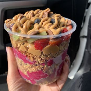 Cafe 88 - Pitaya bowl with strawberry kiwi's blueberries, honey chocolate chips with extra granola and extra peanut butter!! - Desserts Near Me - El Cajon, California Cafe 88 - Pitaya bowl with strawberry kiwi's blueberries, honey chocolate chips with extra granola and extra peanut butter!! - Desserts Near Me - El Cajon, California