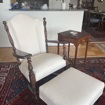 Sparkle Upholstery - Rocking chair with ottoman in new matching fabric. - Furniture Reupholstery Near Me - Alexandria, Virginia Sparkle Upholstery - Rocking chair with ottoman in new matching fabric. - Furniture Reupholstery Near Me - Alexandria, Virginia