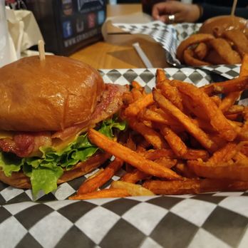 Grinderz - Cheeseburger added bacon. Sweet potato fries - Burgers Near Me - Huntington Beach, California