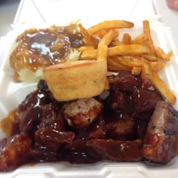 Mom's Truck Stop Restaurant - BBQ rib tips, French fries, and mashed potatoes and gravy