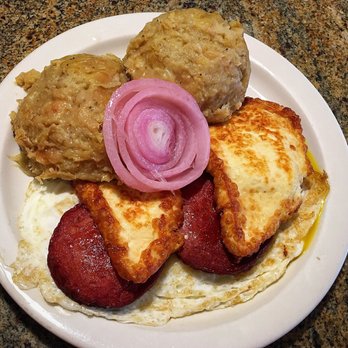Caridad Restaurant - Tres Golpes - Mangú, Over Easy Eggs, Fried Salami, Fried Cheese and Red Onions - Spanish Near Me - Woodhaven, New York