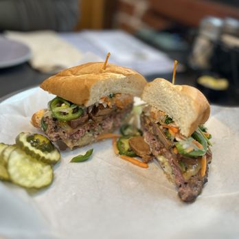 Lumberyard Brewing Company - VIetnamese Burger cut in half - Breweries Near Me - Flagstaff, Arizona Lumberyard Brewing Company - VIetnamese Burger cut in half - Breweries Near Me - Flagstaff, Arizona