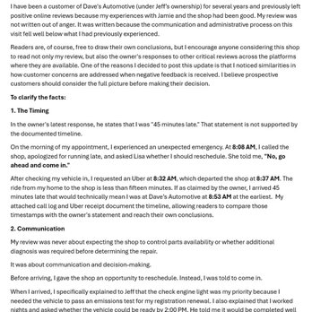 Daves Automotive Specialists - Correcting factual inaccuracies in owner's review response 1of4 Part 1: Timing/communication. Read original review & proof for full picture. - Auto Repair Near Me - Wheat Ridge, Colorado Daves Automotive Specialists - Correcting factual inaccuracies in owner's review response 1of4 Part 1: Timing/communication. Read original review & proof for full picture. - Auto Repair Near Me - Wheat Ridge, Colorado