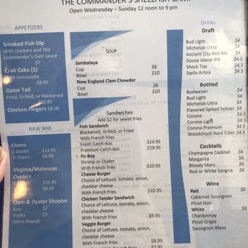 Commander's Shellfish Camp - Menu - Bars Near Me - St. Augustine, Florida