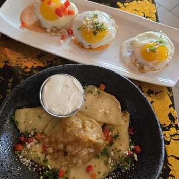 Tryzub Ukrainian Kitchen - Top: Mini Potato Pancakes Trio, Bottom: White Potato and Cheese Varenyky - Ukrainian Near Me - Chicago, Illinois