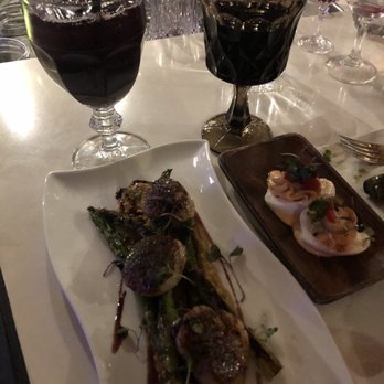 Itto's Tapas - Sangria, scallops with corn purée and deviled eggs. Love the antique glasses! - Moroccan Near Me - Seattle, Washington