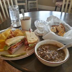 Tea Cup Cafe & Bakery - Turkey club, housemade kettle chips and beef and wild rice soup!