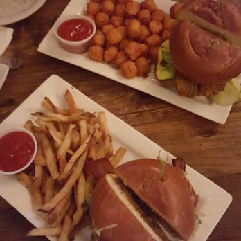 Bread & Barley - Fried chicken sandwich with sweet potato tots (top), El toro Loco burger with homestyle fries (bottom) - Gastropubs Near Me - Covina, California