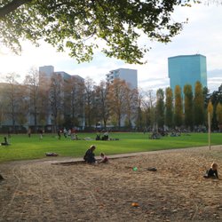 Joseph Park - Beautiful park with a playground and shops on one end, and a large open space lined in trees