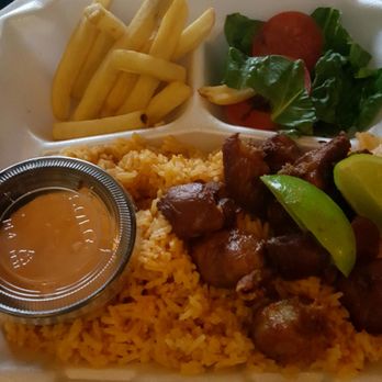 Sambas Cuisine - House Special: Carne Frita, Vegetables, Yellow Rice, French Fries, Lime, and Sauce - Food Trucks Near Me Sambas Cuisine - House Special: Carne Frita, Vegetables, Yellow Rice, French Fries, Lime, and Sauce - Food Trucks Near Me