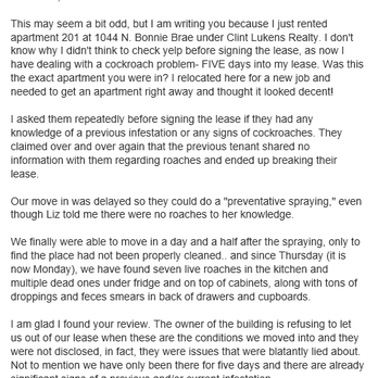 Clint Lukens Realty - CL says after I moved out the county health inspector visited my apt. and didn't find cockroaches. But I keep getting messages like this. - Property Management Near Me - Los Angeles, California