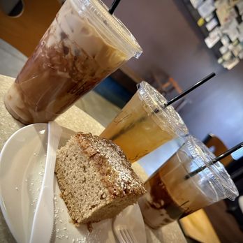 The Night Owl - Nutella Latte, Sex on the "peach", chocolate milk and a fresh baked warm coffee bake with powdered sugar on top. - Coffee & Tea Near Me - Fullerton, California
