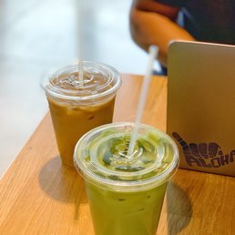 Iced Almond Caramel Latte and Iced Oat Matcha Latte Iced Almond Caramel Latte and Iced Oat Matcha Latte
