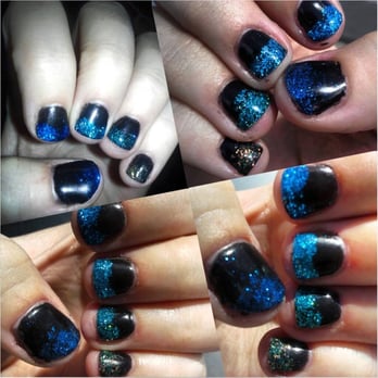 L'essence Day Spa Salon - Black base with different shades of blue glitter french tip Gel Nails by Jodi Devenport! - Hair Salons Near Me - Reno, Nevada L'essence Day Spa Salon - Black base with different shades of blue glitter french tip Gel Nails by Jodi Devenport! - Hair Salons Near Me - Reno, Nevada