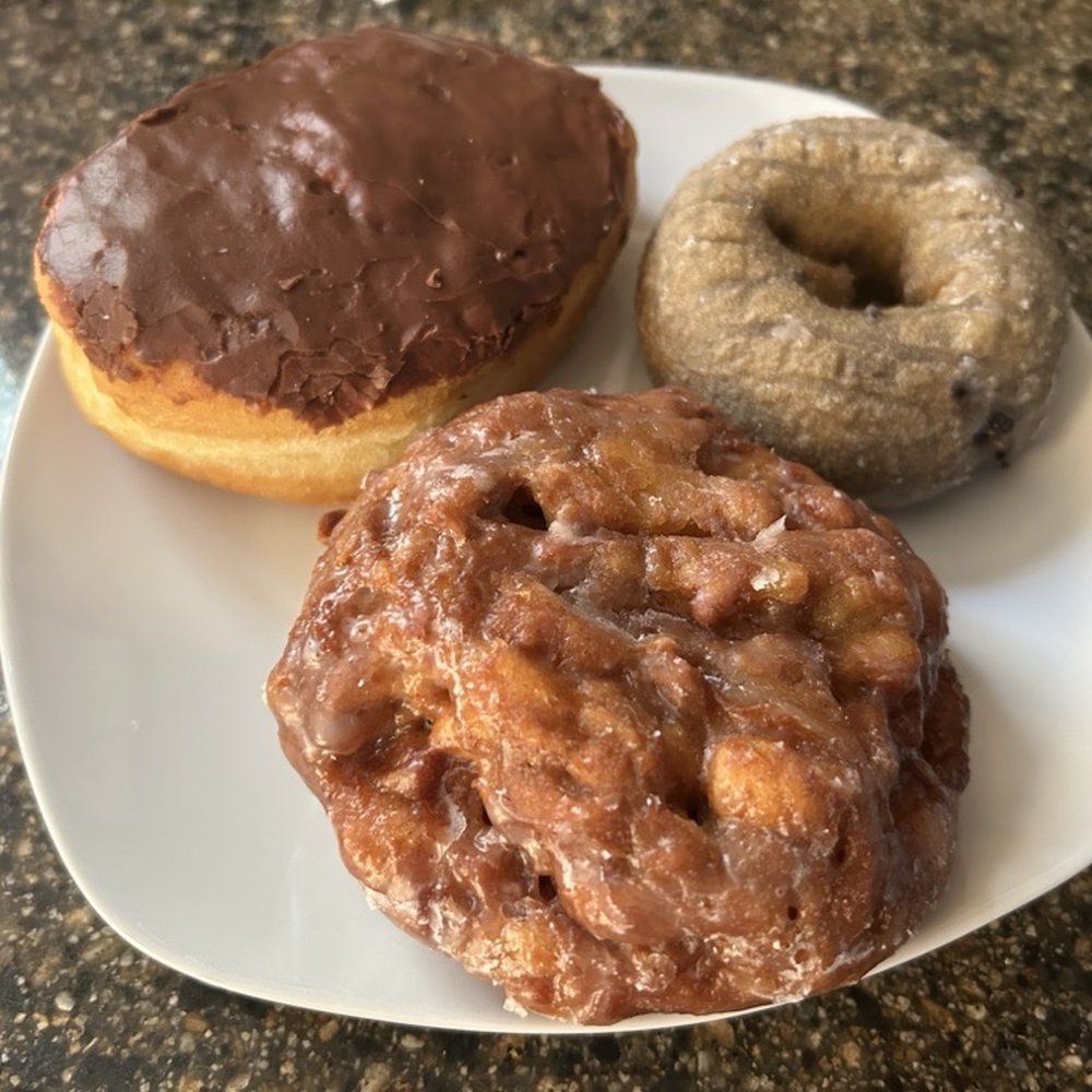 Donut House - My 3-some (not fully consumed in one sitting!)...blueberry cake, apple fritter, custard filled chocolate. - Donuts Near Me - Saint Louis, Missouri Donut House - My 3-some (not fully consumed in one sitting!)...blueberry cake, apple fritter, custard filled chocolate. - Donuts Near Me - Saint Louis, Missouri