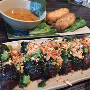 Saigon Block - Shrimp paste sugar cane appetizer and bo la lot (lemon grass beef) - Vietnamese Near Me - Richardson, Texas