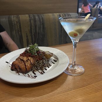 Maynard's - Outstanding dish..This was the salmon with pomegranate glaze and roasted pears with a dirty martini.. Because my wife is classy!! - New American Near Me - Silverdale, Washington