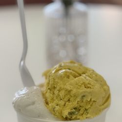 Last Call Ice Cream - Saffron pistachio and coconut chocolate chip. Very unique and delicious flavors.