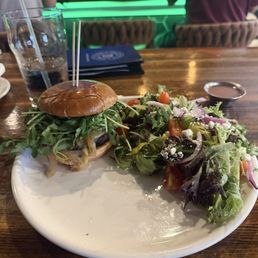 Dessie's Burger with side salad because they didn't have fries Dessie's Burger with side salad because they didn't have fries