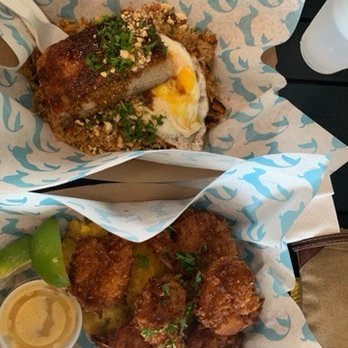 Doxie Slush - Top: pork belly fried rice; bottom: coconut shrimp - Seafood Near Me - Hermann, Missouri