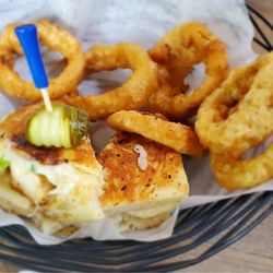 Albatross Restaurant - Chicken florentine sandwich w/onion rings