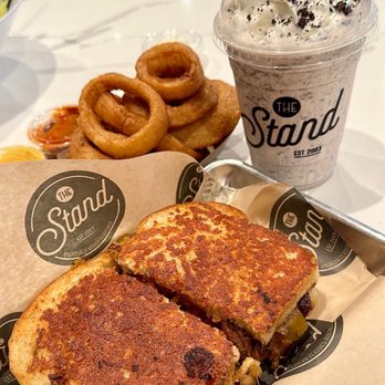 The Stand - American Classics Redefined - Short Rib Grilled Cheese, regular onion rings and Cookies 'n' Cream shake - New American Near Me - Tustin, California The Stand - American Classics Redefined - Short Rib Grilled Cheese, regular onion rings and Cookies 'n' Cream shake - New American Near Me - Tustin, California