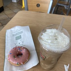 Krispy Kreme - Strawberry Glazed Donut with Sprinkles and a Frozen Vanilla Specialty Latte